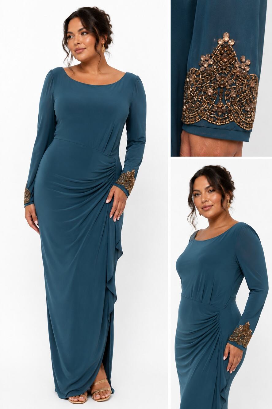 Y2K Alex Evenings Slinky Ruched Beaded Sleeve Glam Maxi Dress 22W Feminine Comfy